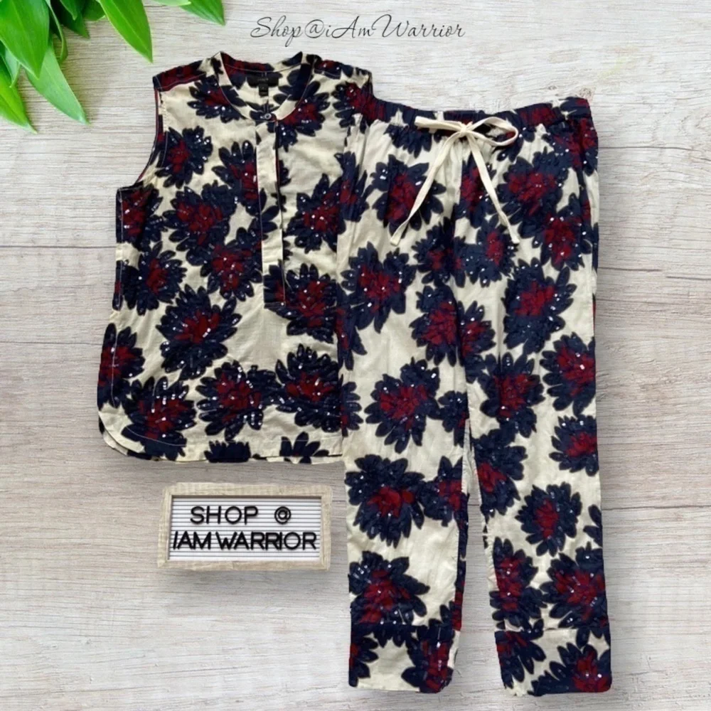 J.Crew 2 piece cotton voile sequin firework sleeveless top + pull on jogger